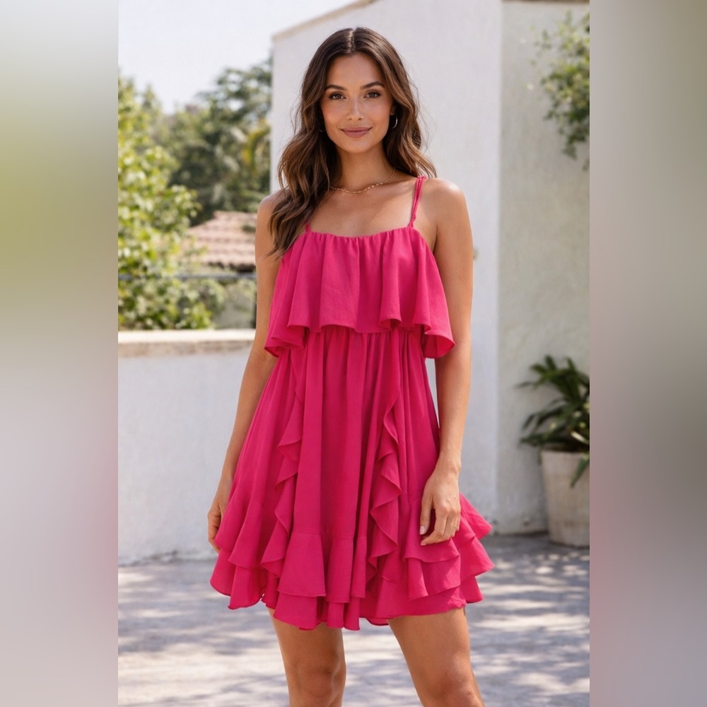 MISA Los Angeles T bags Hot Pink Mini Ruffle Dress‎ Sz S/M